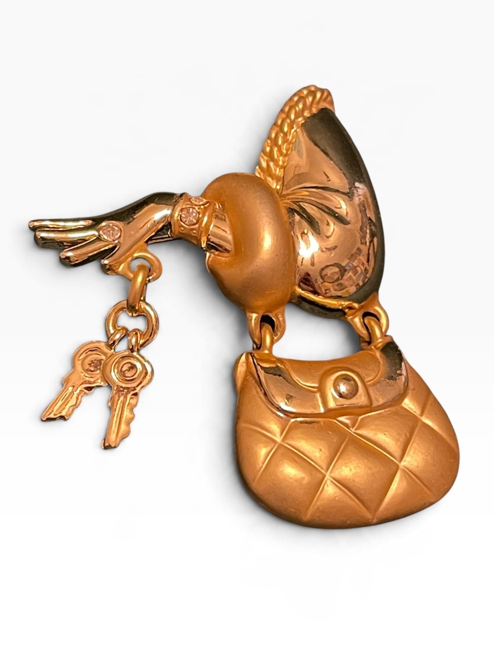 Vintage Couture-Inspired Gold-Tone Articulated Fashion Themed Purse Brooch